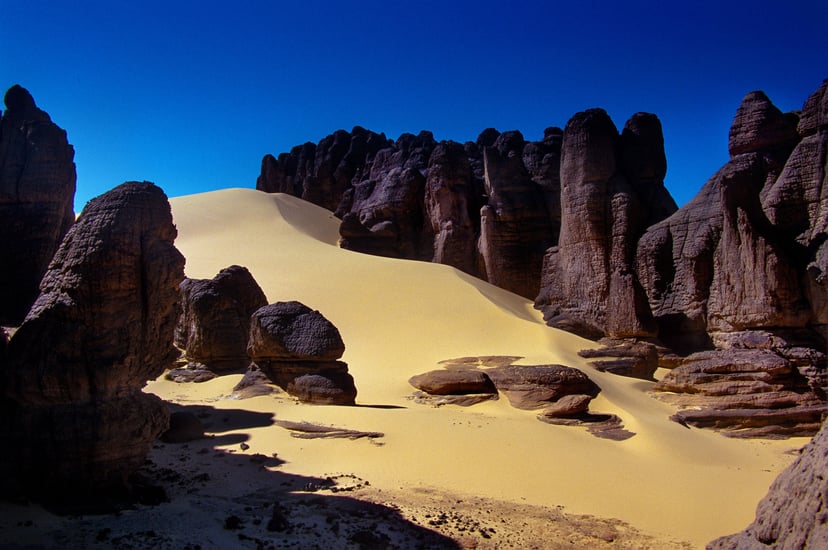 Africa, Algeria, Sahara, Tassili N'Ajjer National Park, Tadrart, rock towers and sand dunes