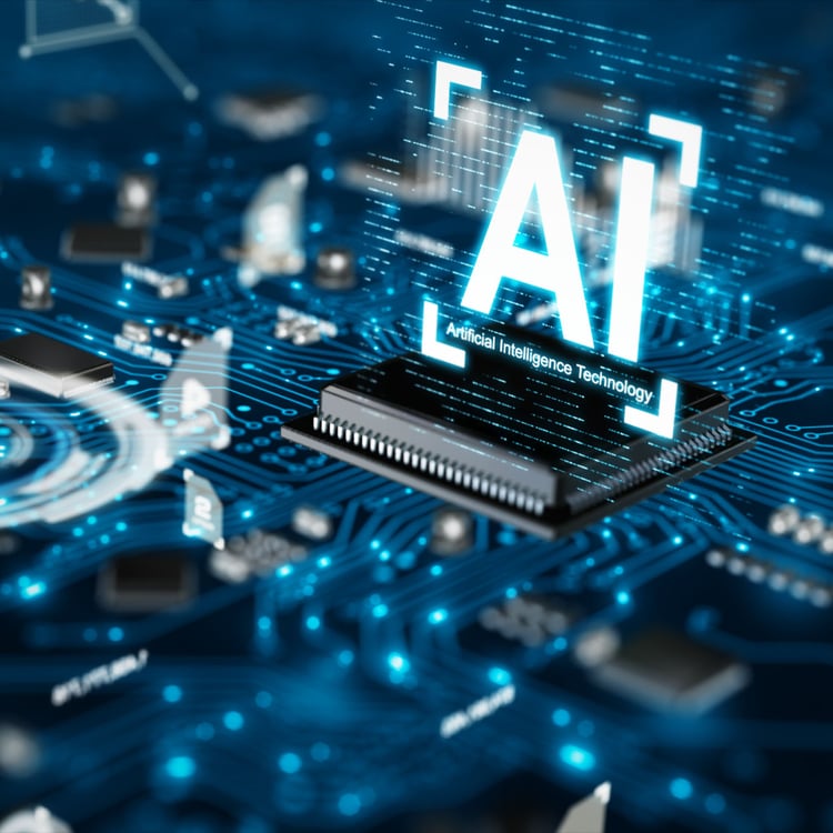 3D render AI artificial intelligence technology CPU central processor unit chipset on the printed circuit board for electronic and technology concept select focus shallow depth of field