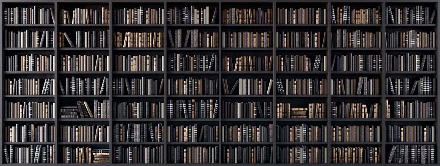 Bookshelves in the library with old books 3d render 3d illustrat