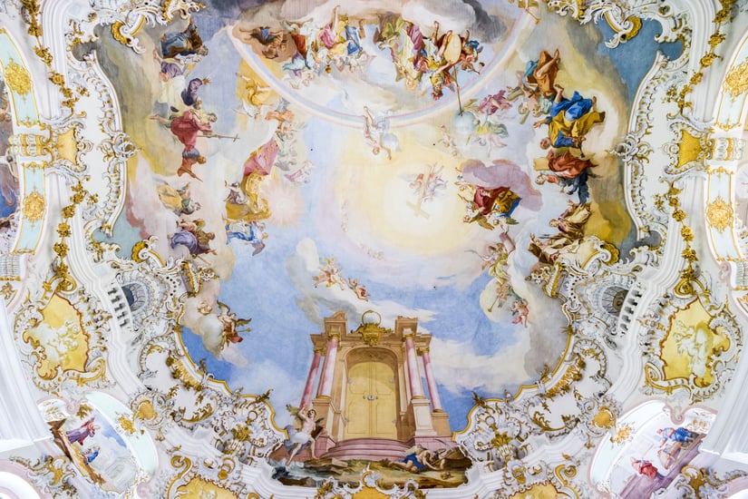 Wies, Germany. The Pilgrimage Church of Wies (Wieskirche), an oval rococo church located in the foothills of the Alps, Bavaria. A World Heritage Site