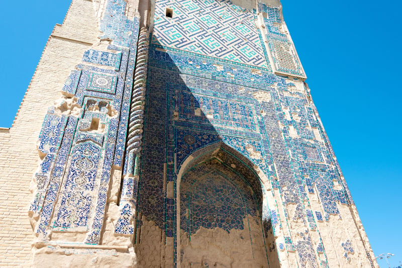 Shakhrisabz, Uzbekistan - Aug 29 2018: Detail of Ruins of Ak-Saray Palace in Shakhrisabz, Uzbekistan. It is part of the Historic Centre of Shakhrisyabz World Heritage Site.