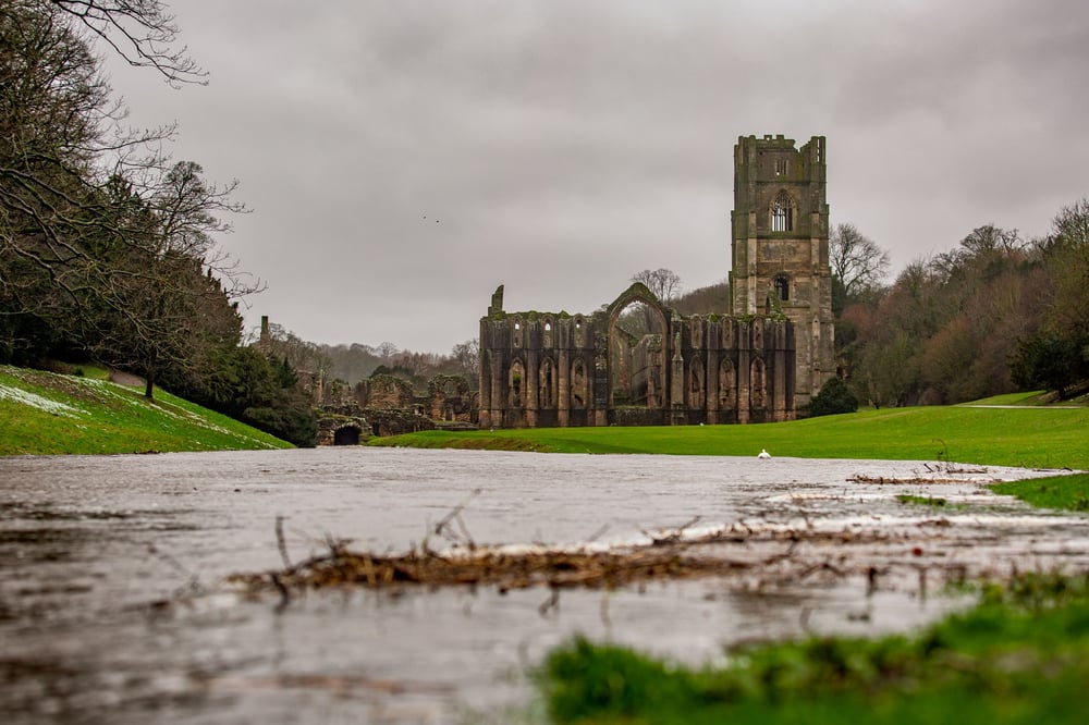 The river Skell breaches its banks on the East green of the abbey