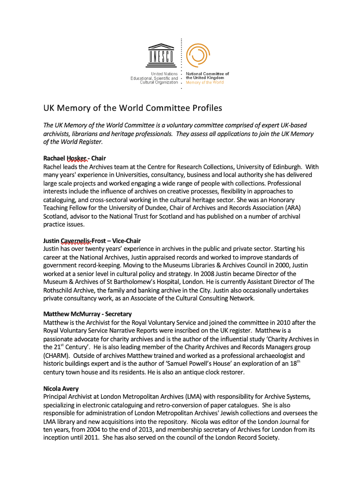UK Memory of the World Committee Profiles UNESCO in the UK