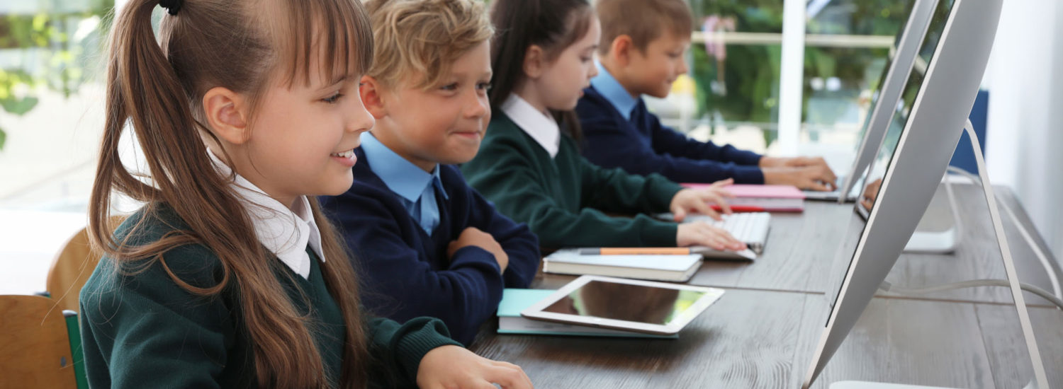 Little children in stylish school uniform at desks with computers