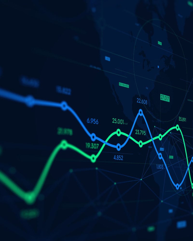 Digital analytics data visualization, financial schedule, monitor screen in perspective