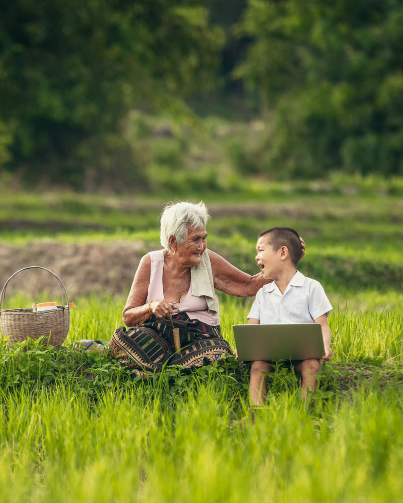 Happy moments with grandmother and grandson are used laptop for learning sitting in the rice paddy countryside at Thailand.