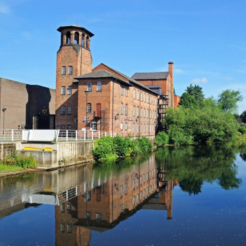 The Silk Mill alongside the River Derwent, Derby, Derbyshire, England, UK, Western Europe.